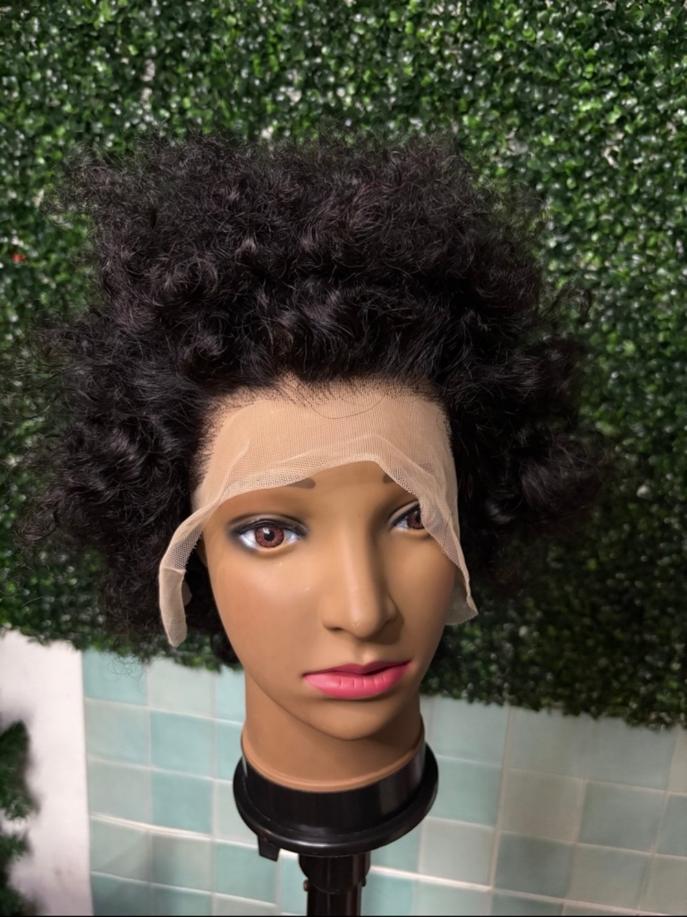 Human Hair Afro Short Curly Lace Front Wig - Black 8 inch